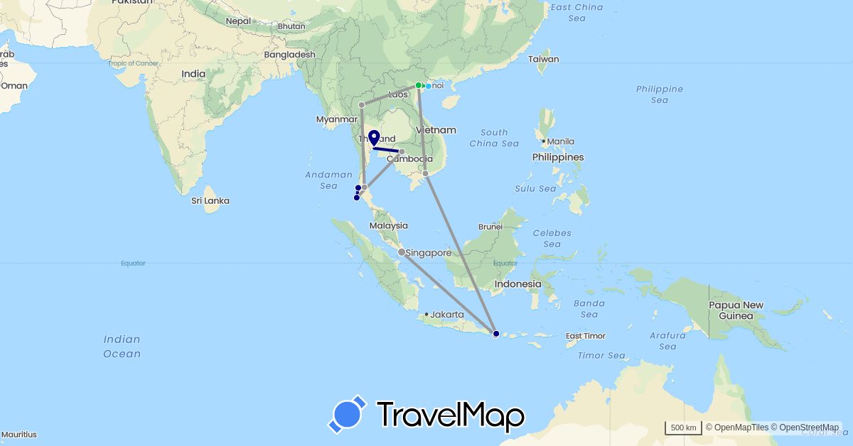 TravelMap itinerary: driving, bus, plane, boat in Indonesia, Cambodia, Singapore, Thailand, Vietnam (Asia)